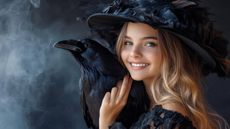 Halloween costume A pretty young witch with crow on her shoulder smiling with conspiracy on dark smoky background with copy space.の素材