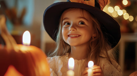 Little cute caucasian happy girl in witch costume with candles in front, fun and amusement expression on face, celebrating halloween pumpkin partyの素材
