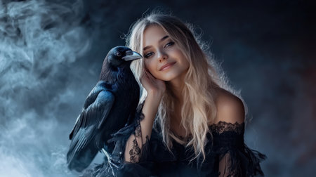 Halloween costume A pretty young witch with crow on her shoulder smiling with conspiracy on dark smoky background with copy space.の素材
