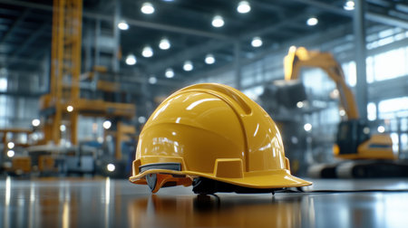 Develop an engaging 3D visualization featuring a close up of a yellow safety helmet positioned on a table surrounded by construction equipment.の素材