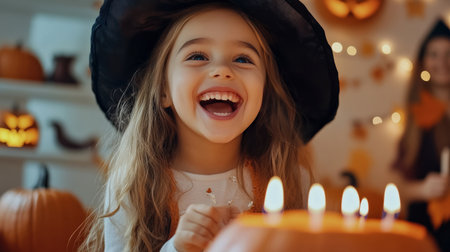 Little cute caucasian happy girl in witch costume with candles in front, fun and amusement expression on face, celebrating halloween pumpkin partyの素材