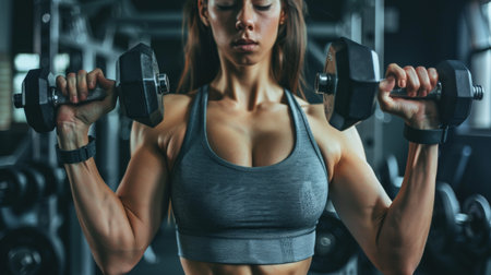 A fit young woman works on her biceps with dumbbells in a gym.の素材