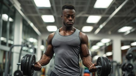 A muscular African-American man is doing bicep curls with dumbbells in a gym. He is wearing a gray tank top and black shorts. He has a serious expression on his face.の素材
