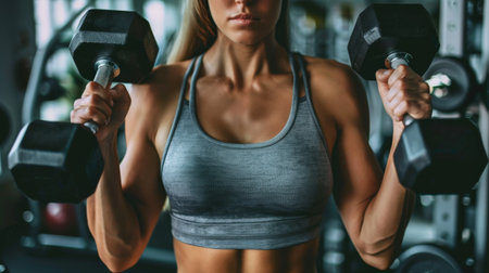A muscular woman in a gray sports bra and black shorts is lifting weights in a gym.の素材