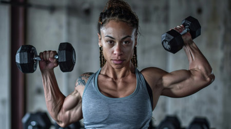 A muscular woman with tattoos lifts weights in a determined fashion.の素材