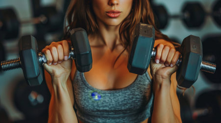 A woman in a gray sports bra is lifting weights in a gym.の素材