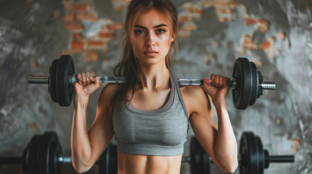 A young woman in a gray sports bra and black leggings is lifting weights in a gym. She has her hair in a ponytail and is looking at the camera with a determined expression.の素材