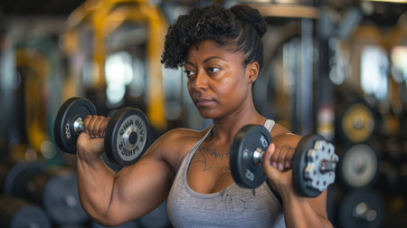 A muscular woman works on her biceps with dumbbells.の素材