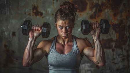 A muscular woman with long curly hair is lifting weights in a dark room. She is wearing a gray tank top and black shorts. She has her hair in a ponytail and is looking at the camera with a determined expression.の素材