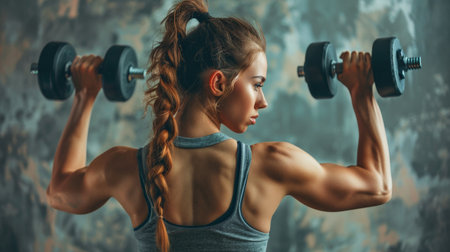 A muscular woman with long brown hair in a ponytail works on her biceps with dumbbells.の素材