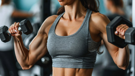 Muscular woman working out with dumbbellsの素材