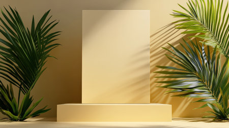 Podium background product 3D gold cosmetic platform nature beige display advertising backdrop studio. Pedestal podium product green scene render stand golden space design luxury mockup 3Dの素材