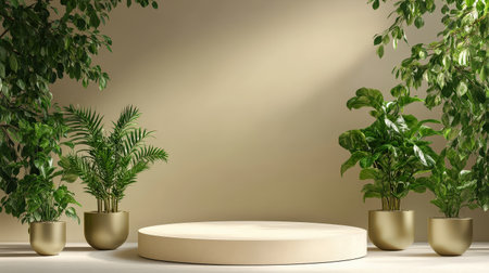 Podium background product 3D gold cosmetic platform nature beige display advertising backdrop studio. Pedestal podium product green scene render stand golden space design luxury mockup 3Dの素材
