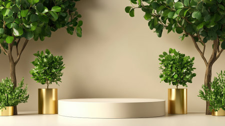 Podium background product 3D gold cosmetic platform nature beige display advertising backdrop studio. Pedestal podium product green scene render stand golden space design luxury mockup 3Dの素材