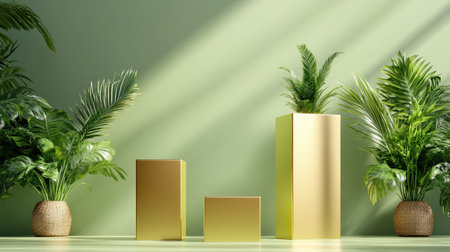 Podium background product 3D gold cosmetic platform nature beige display advertising backdrop studio. Pedestal podium product green scene render stand golden space design luxury mockup 3Dの素材