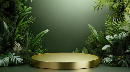 Podium background product 3D gold cosmetic platform nature beige display advertising backdrop studio. Pedestal podium product green scene render stand golden space design luxury mockup 3Dの素材