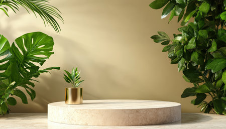 Podium background product 3D gold cosmetic platform nature beige display advertising backdrop studio. Pedestal podium product green scene render stand golden space design luxury mockup 3Dの素材