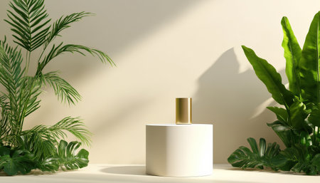 Podium background product 3D gold cosmetic platform nature beige display advertising backdrop studio. Pedestal podium product green scene render stand golden space design luxury mockup 3Dの素材