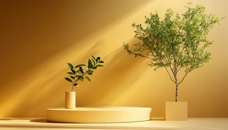 Podium background product 3D gold cosmetic platform nature beige display advertising backdrop studio. Pedestal podium product green scene render stand golden space design luxury mockup 3Dの素材