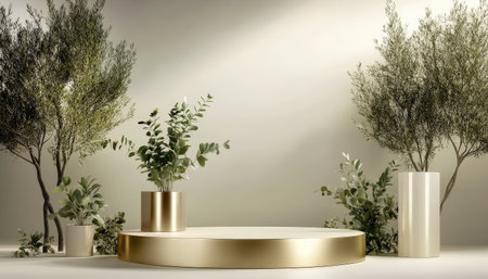 Podium background product 3D gold cosmetic platform nature beige display advertising backdrop studio. Pedestal podium product green scene render stand golden space design luxury mockup 3Dの素材
