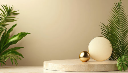 Podium background product 3D gold cosmetic platform nature beige display advertising backdrop studio. Pedestal podium product green scene render stand golden space design luxury mockup 3Dの素材