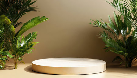 Podium background product 3D gold cosmetic platform nature beige display advertising backdrop studio. Pedestal podium product green scene render stand golden space design luxury mockup 3Dの素材