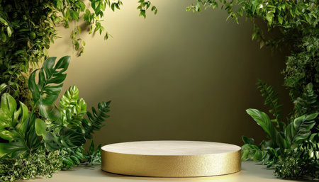 Podium background product 3D gold cosmetic platform nature beige display advertising backdrop studio. Pedestal podium product green scene render stand golden space design luxury mockup 3Dの素材