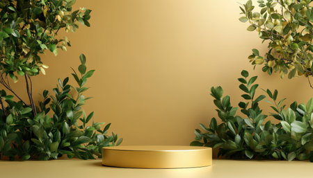Podium background product 3D gold cosmetic platform nature beige display advertising backdrop studio. Pedestal podium product green scene render stand golden space design luxury mockup 3Dの素材