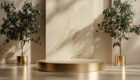 Podium background product 3D gold cosmetic platform nature beige display advertising backdrop studio. Pedestal podium product green scene render stand golden space design luxury mockup 3Dの素材