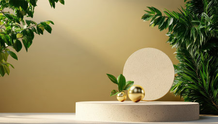 Podium background product 3D gold cosmetic platform nature beige display advertising backdrop studio. Pedestal podium product green scene render stand golden space design luxury mockup 3Dの素材