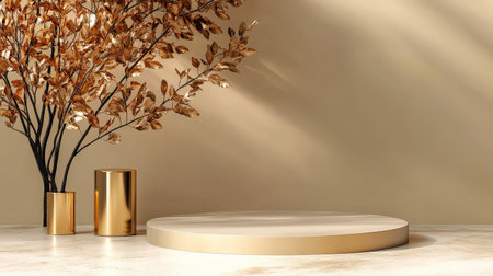 Podium background product 3D gold cosmetic platform nature beige display advertising backdrop studio. Pedestal podium product green scene render stand golden space design luxury mockup 3Dの素材