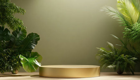 Podium background product 3D gold cosmetic platform nature beige display advertising backdrop studio. Pedestal podium product green scene render stand golden space design luxury mockup 3Dの素材