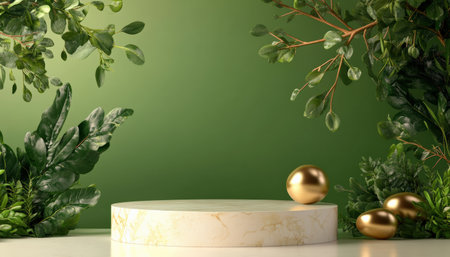 Podium background product 3D gold cosmetic platform nature beige display advertising backdrop studio. Pedestal podium product green scene render stand golden space design luxury mockup 3Dの素材