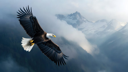 serene mountain landscape An eagle in flight catching fish from a lake,Bald eagle flying swoop hand draw and paint color on white background. Bald eagle in flight on isolated backgroundの素材