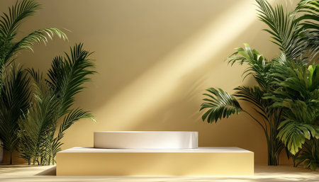 Podium background product 3D gold cosmetic platform nature beige display advertising backdrop studio. Pedestal podium product green scene render stand golden space design luxury mockup 3Dの素材