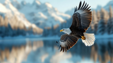 serene mountain landscape An eagle in flight catching fish from a lake,Bald eagle flying swoop hand draw and paint color on white background. Bald eagle in flight on isolated backgroundの素材