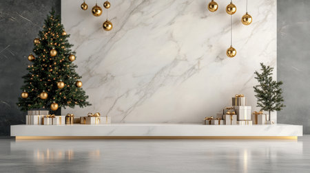 A sleek white and gold marble stage with a Christmas tree and golden baubles decorating the sceneの素材