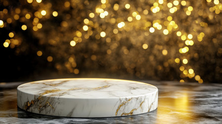 White marble podium glowing under premium gold lights, ready for a New Year product presentationの素材