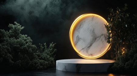 White marble podium glowing under premium gold lights, ready for a New Year product presentationの素材