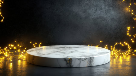 White marble podium glowing under premium gold lights, ready for a New Year product presentationの素材