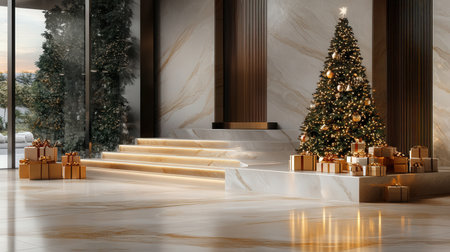 Modern marble and gold platform with holiday decor, featuring luxury Christmas gifts and lightsの素材