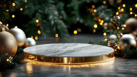 A round marble pedestal with a golden glow, surrounded by Christmas decor and sparkling lightsの素材