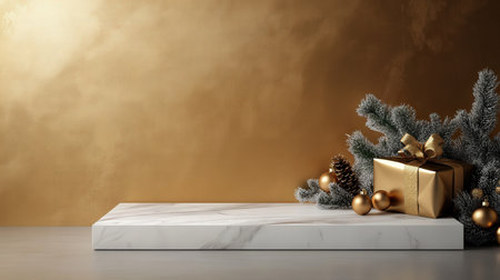 White marble platform set in a golden light studio, surrounded by subtle New Year decorationsの素材