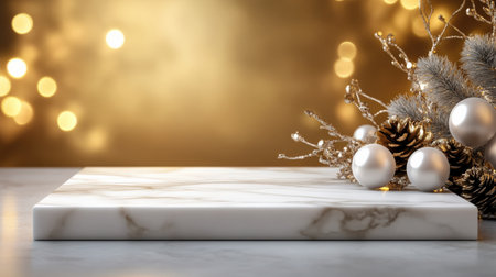 White marble platform set in a golden light studio, surrounded by subtle New Year decorationsの素材