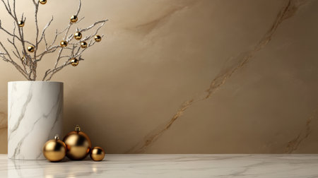 Luxurious marble pedestal with a gold backdrop and festive Christmas ornaments placed elegantly aroundの素材