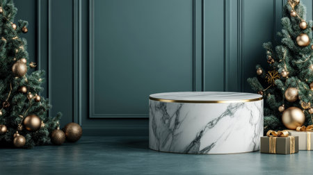 A festive marble podium with gold trim in a 3D scene, framed by elegant holiday decorationsの素材