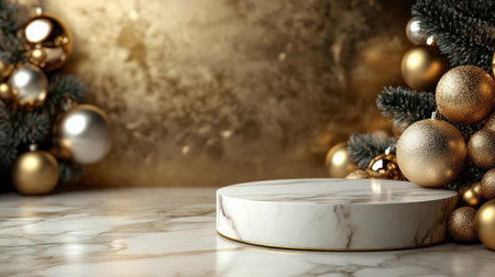 Golden and white marble podium against a luxurious holiday backdrop, ideal for Christmas displaysの素材