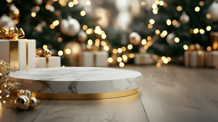 A white marble pedestal with golden edges, surrounded by shimmering Christmas lights and presentsの素材