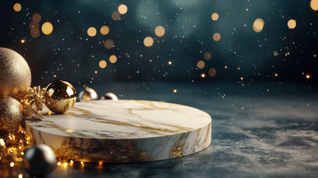 A round marble pedestal with a golden glow, surrounded by Christmas decor and sparkling lightsの素材