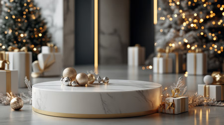 A white marble pedestal with golden edges, surrounded by shimmering Christmas lights and presentsの素材
